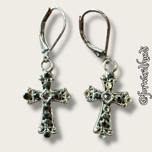 Bundle Sale 3 for $15 | Ornate Cross Dangle Earrings | Dark Stone Accents - Picture 1 of 9